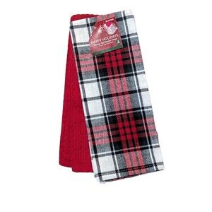 Happy Holidays Fireside Plaid Kitchen Towels 2-pc Red White Black Christmas Gift